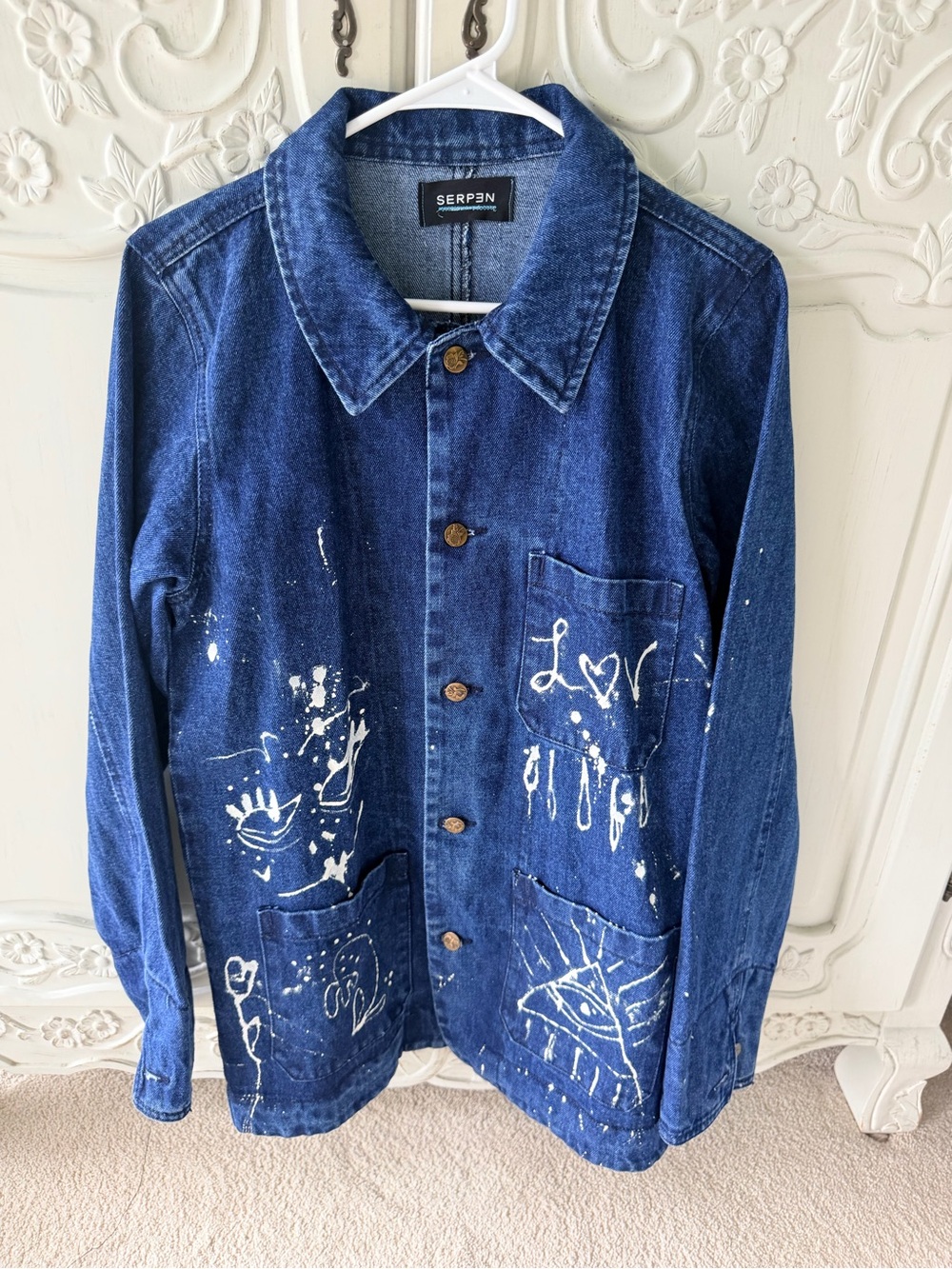 SERPEN Denim Paint-Splatter Jacket in Dark Blue
